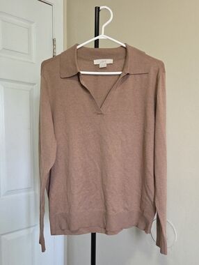 LOFT Cotton Blend Women's Dusty Tan Collared V-Neck Sweater